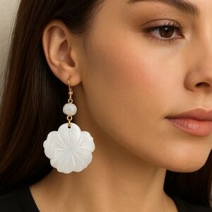 Seashell White Flower Design & Beads Gold Drop Dangle Earrings - Women Jewelry